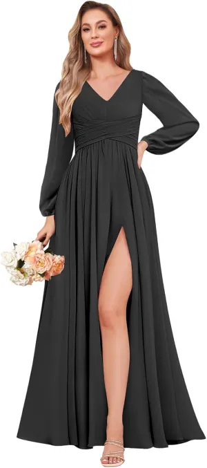 Long Sleeve Bridesmaid Dresses for Wedding A-Line Chiffon Formal Evening Gown with Slit
