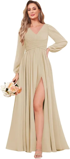 Long Sleeve Bridesmaid Dresses for Wedding A-Line Chiffon Formal Evening Gown with Slit