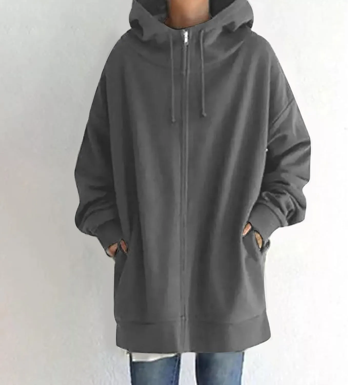 Long Zip Up Hoodies for Women Casual Long Sleeve Hooded Fleece Jackets Loose Fit Tunic Fall Sweatshirts with Pockets