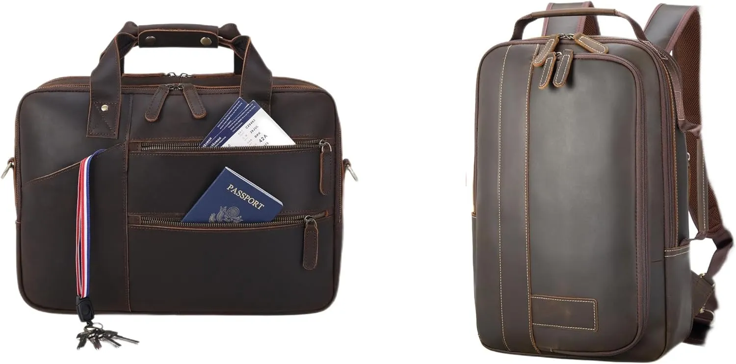 Masa Kawa Vintage Leather Convertible Briefcase Backpack for Men and Leather Briefcases for Men Fits 15.6 Inch Laptop