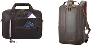 Masa Kawa Vintage Leather Convertible Briefcase Backpack for Men and Leather Briefcases for Men Fits 15.6 Inch Laptop