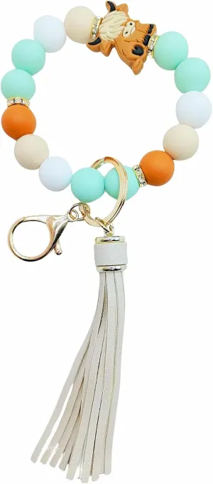 Meefisher Cute Silicone Bead Keychain Highland Cattle Sloth Bracelet Wristlet Tassel Keyring Gifts Pendant Charm for Backpack (Dark color Green-01)