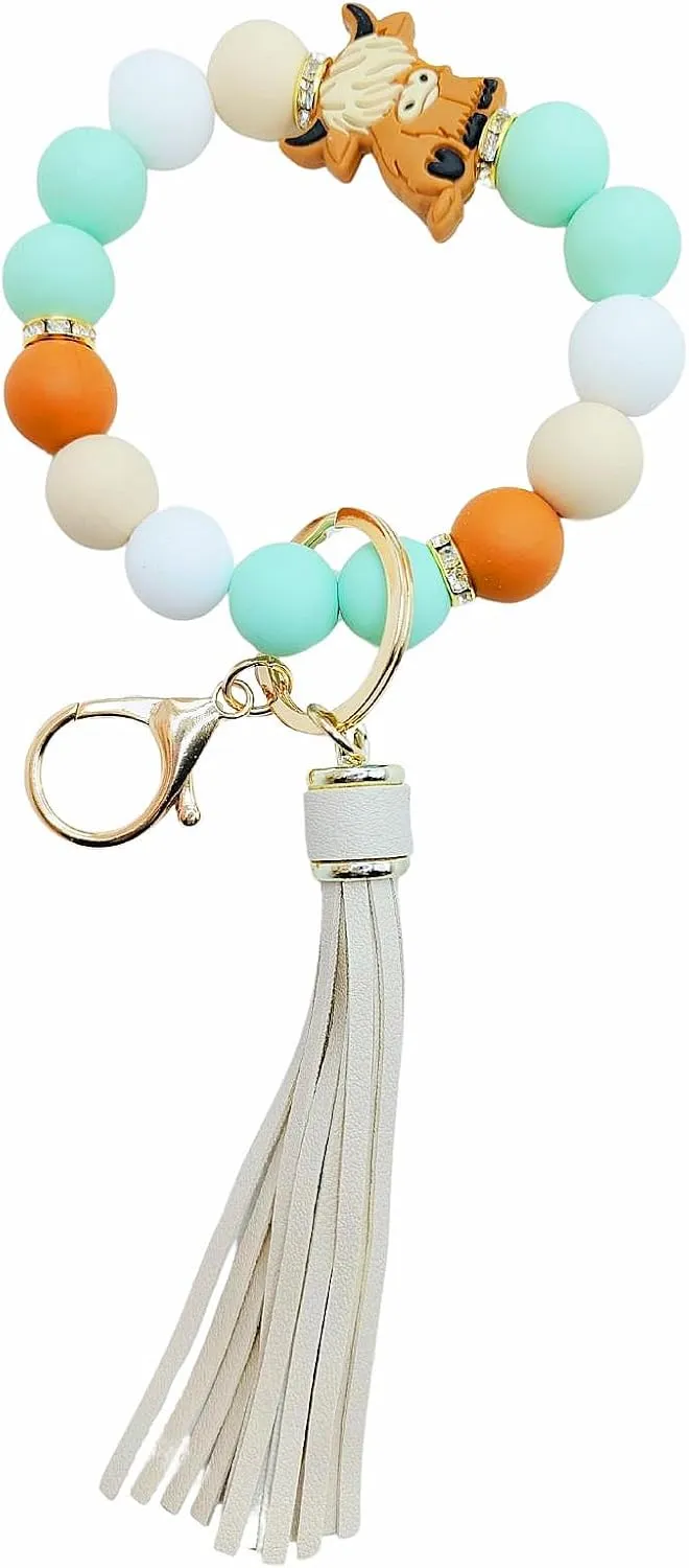 Meefisher Cute Silicone Bead Keychain Highland Cattle Sloth Bracelet Wristlet Tassel Keyring Gifts Pendant Charm for Backpack (Dark color Green-01)