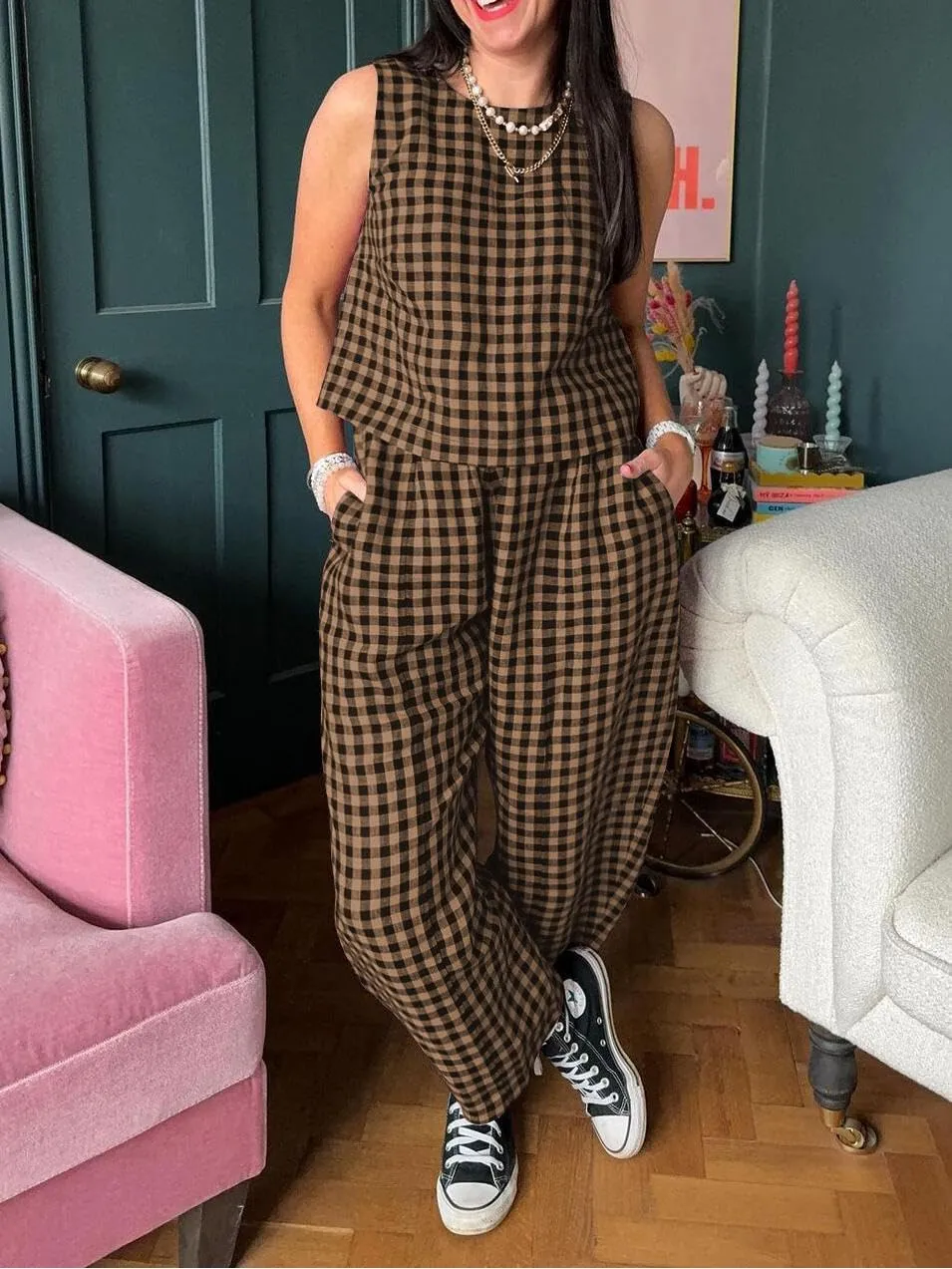 Melliflo Gingham Sets Women 2 Piece Outfits Sleeveless Plaid Loungewear Checkered Crop Tanks and Pant Sets with Pockets