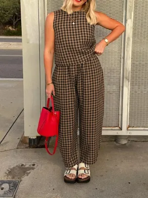 Melliflo Gingham Sets Women 2 Piece Outfits Sleeveless Plaid Loungewear Checkered Crop Tanks and Pant Sets with Pockets
