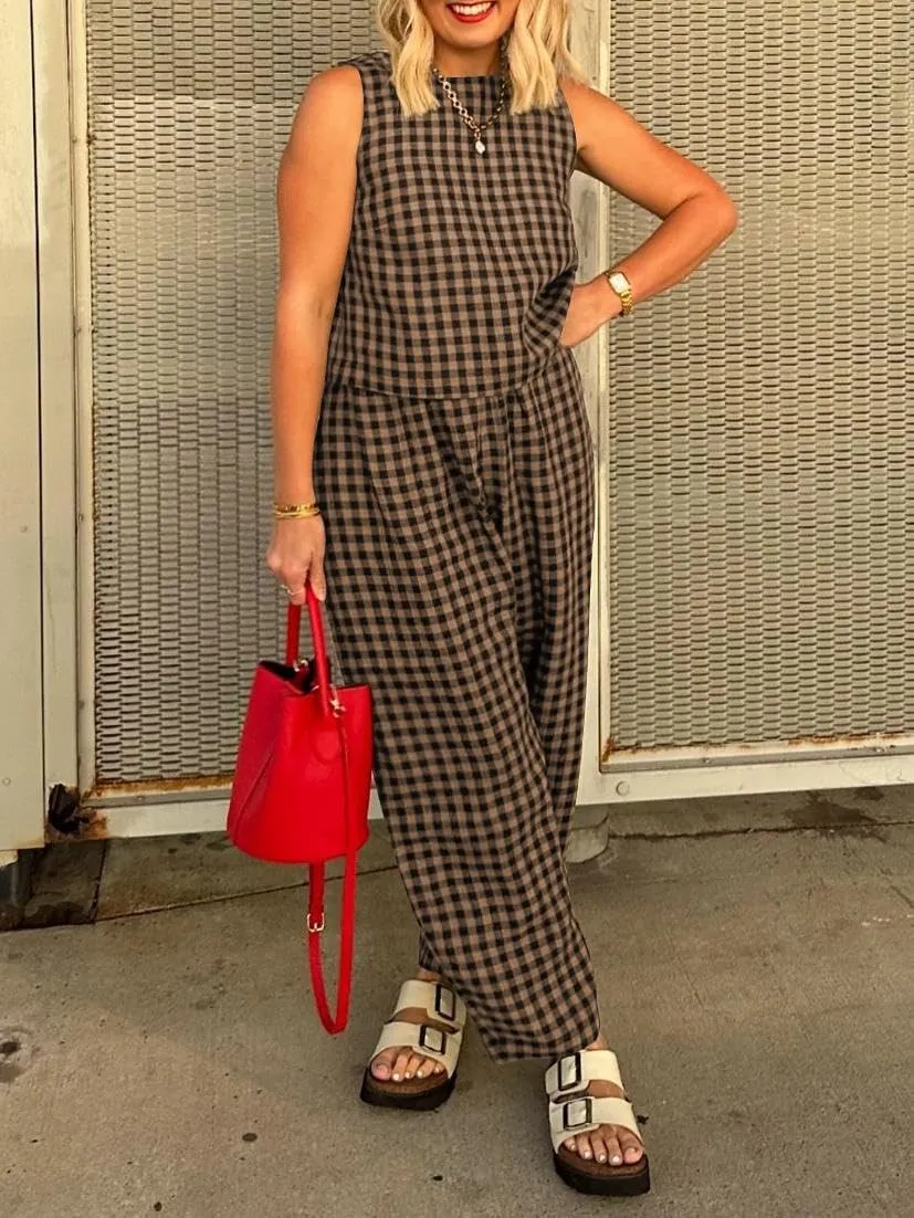 Melliflo Gingham Sets Women 2 Piece Outfits Sleeveless Plaid Loungewear Checkered Crop Tanks and Pant Sets with Pockets