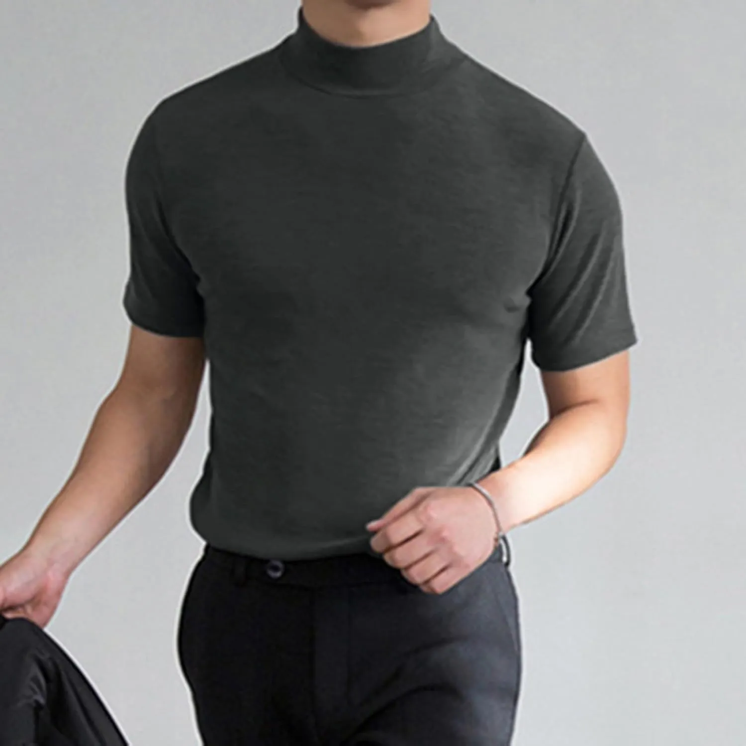 Mens Casual Turtleneck Mock Neck T Shirt Short Sleeve Slim Fit Undershirt Casual Basic Pullover Solid Tops