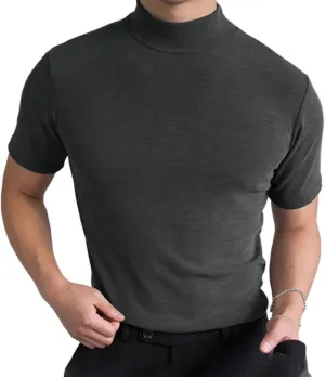 Mens Casual Turtleneck Mock Neck T Shirt Short Sleeve Slim Fit Undershirt Casual Basic Pullover Solid Tops