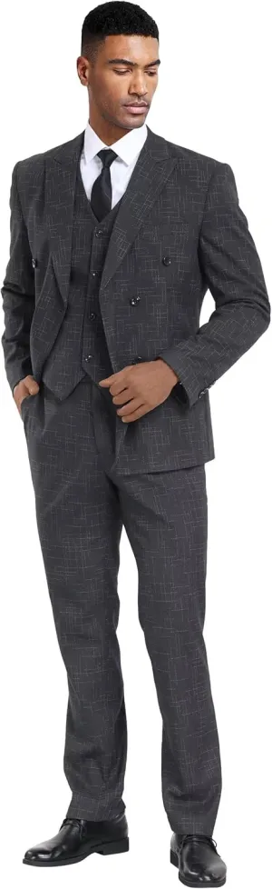 Mens Suits 3 Piece Plaid Slim Fit Tuxedo Double Breasted Prom Dress Suits Men Jackets Blazer Vest and Pants with Tie
