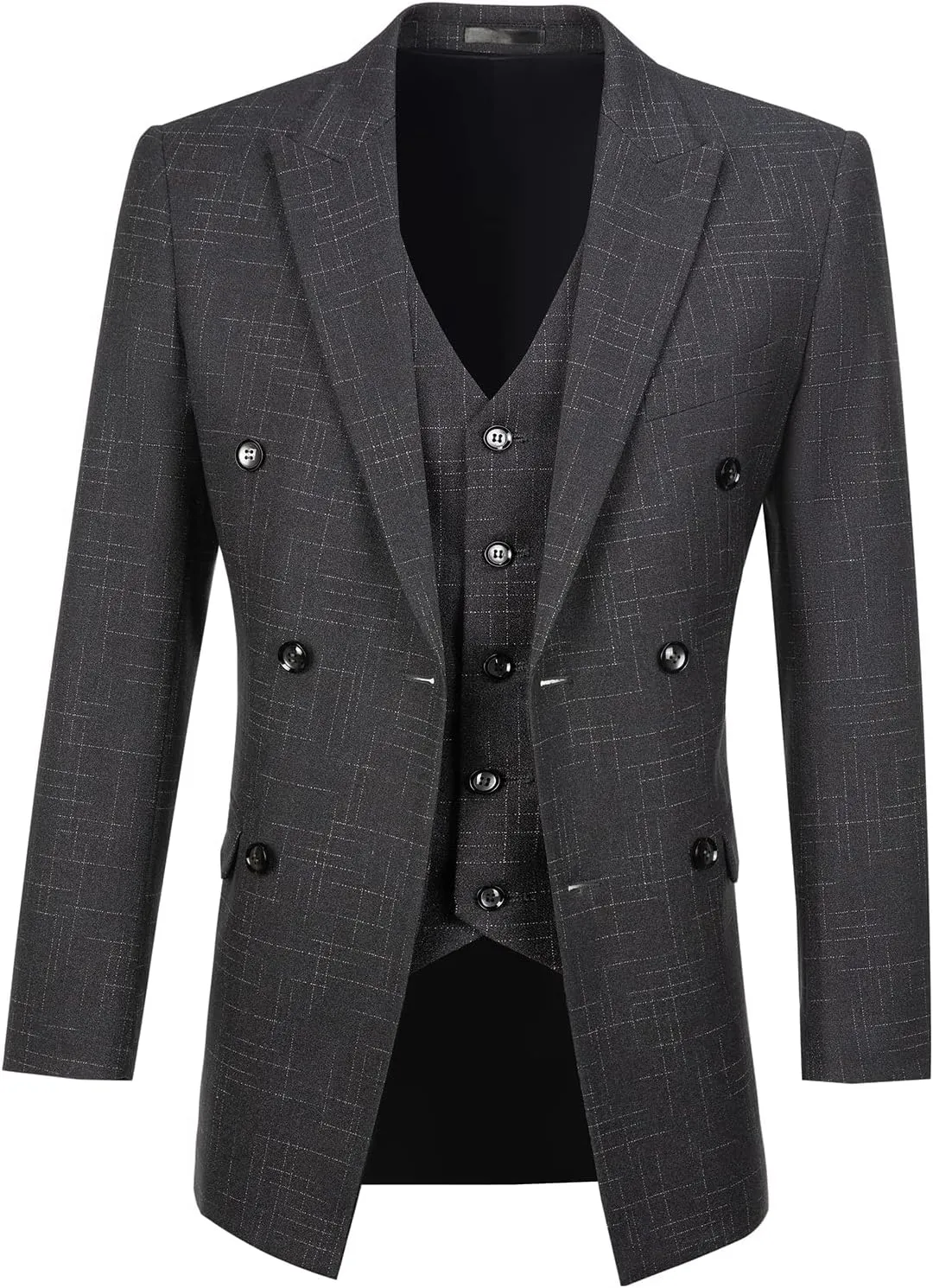 Mens Suits 3 Piece Plaid Slim Fit Tuxedo Double Breasted Prom Dress Suits Men Jackets Blazer Vest and Pants with Tie