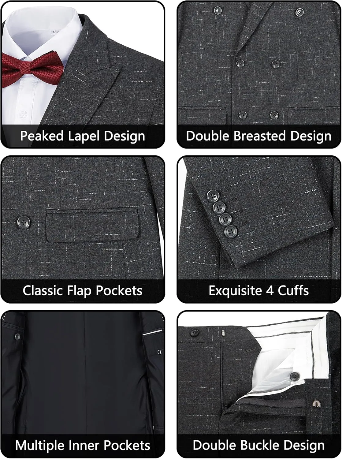Mens Suits 3 Piece Plaid Slim Fit Tuxedo Double Breasted Prom Dress Suits Men Jackets Blazer Vest and Pants with Tie