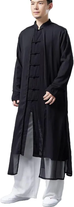 Men's Trench Coat Long Tang Suit Kung Fu Cotton Linen Robe Chinese Style Fake Two Piece Jackets Solid Color