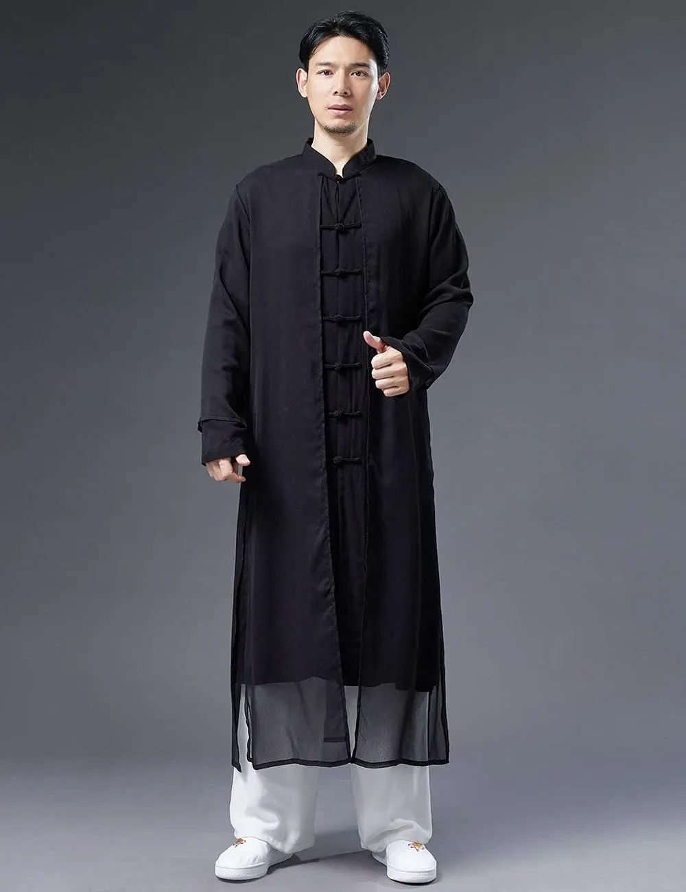 Men's Trench Coat Long Tang Suit Kung Fu Cotton Linen Robe Chinese Style Fake Two Piece Jackets Solid Color