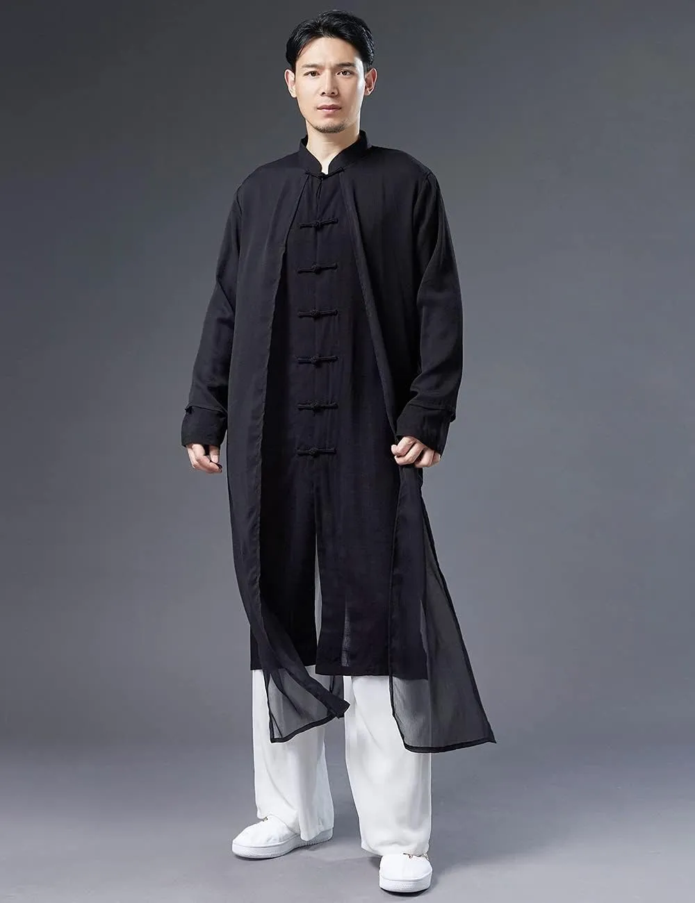 Men's Trench Coat Long Tang Suit Kung Fu Cotton Linen Robe Chinese Style Fake Two Piece Jackets Solid Color