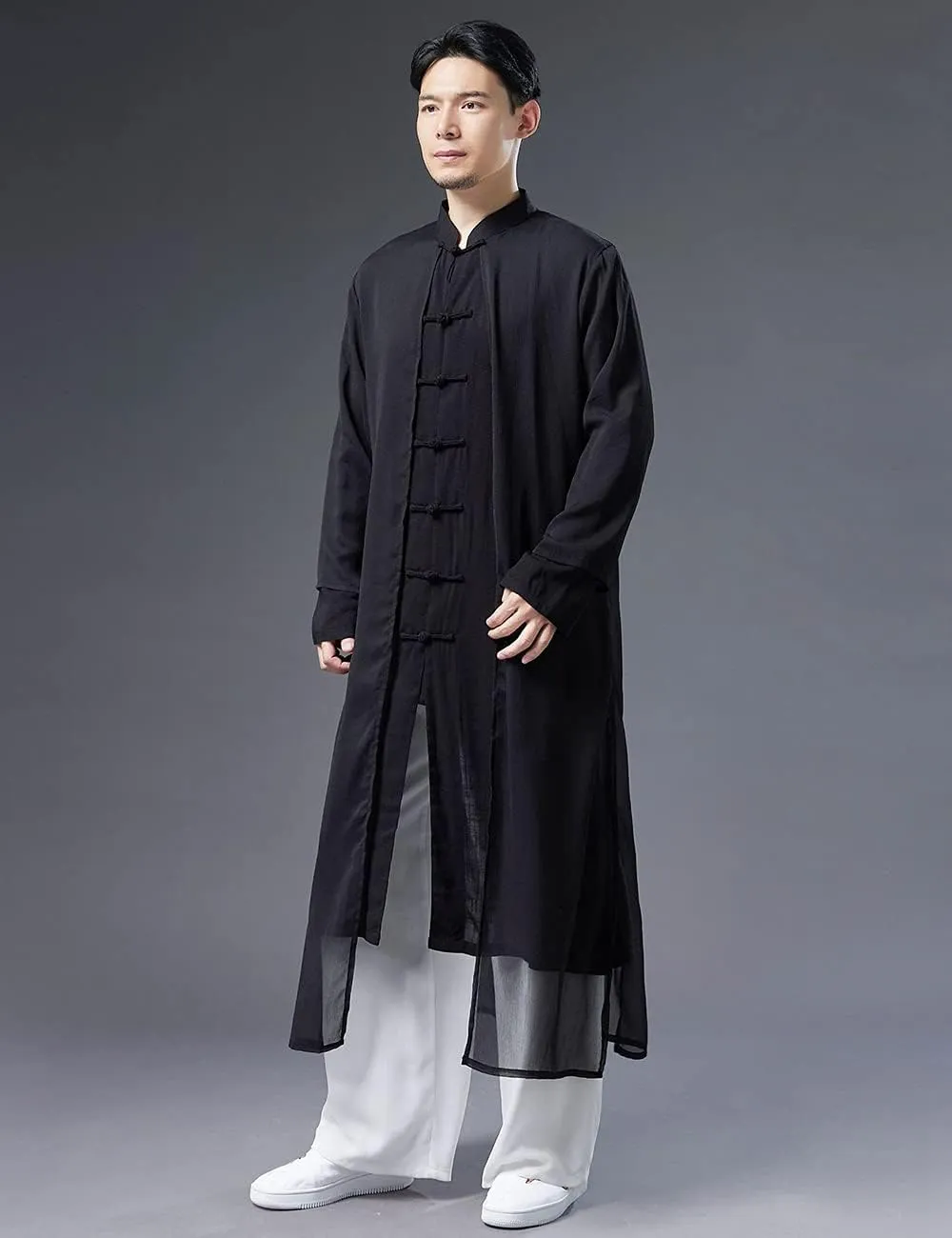 Men's Trench Coat Long Tang Suit Kung Fu Cotton Linen Robe Chinese Style Fake Two Piece Jackets Solid Color