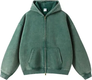 Men's Vintage Acid Wash Zip Up Oversized Hoodi Cotton Heavyweight Streetwear Sweatshirt With Pocket