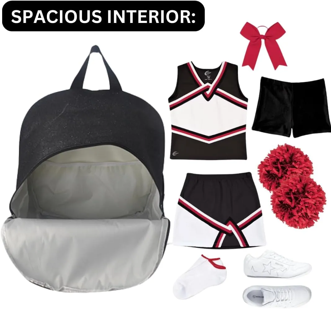 NGIL Large Glitter Cheer Backpack for Competitions, Dance, and Practice  Cheerleading Bag with Accessories Storage, Sparkle Bookbag for Cheerleaders, Coaches, and Competition Gear (Glitter-Black)