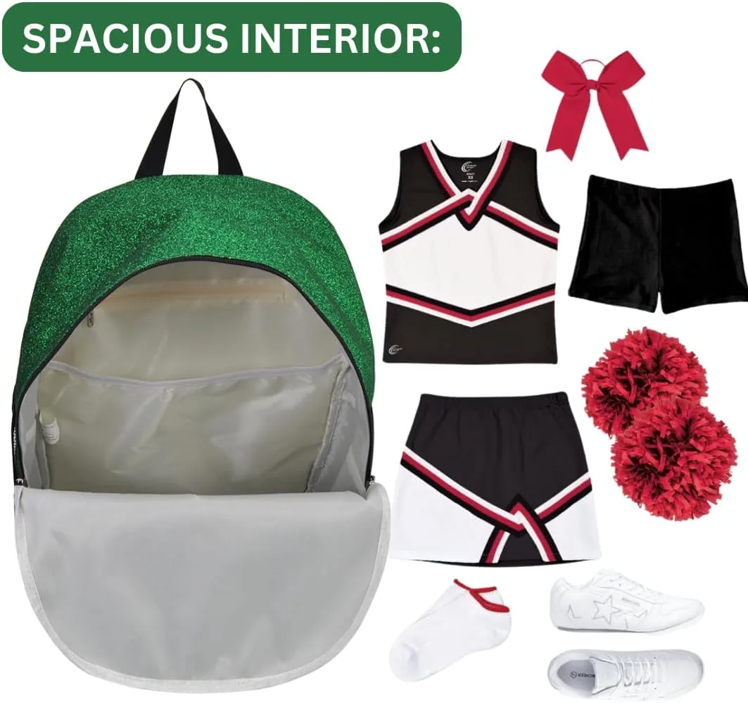 NGIL Large Glitter Cheer Backpack for Competitions, Dance, and Practice  Cheerleading Bag with Accessories Storage, Sparkle Bookbag for Cheerleaders, Coaches, and Competition Gear (Glitter-Green)