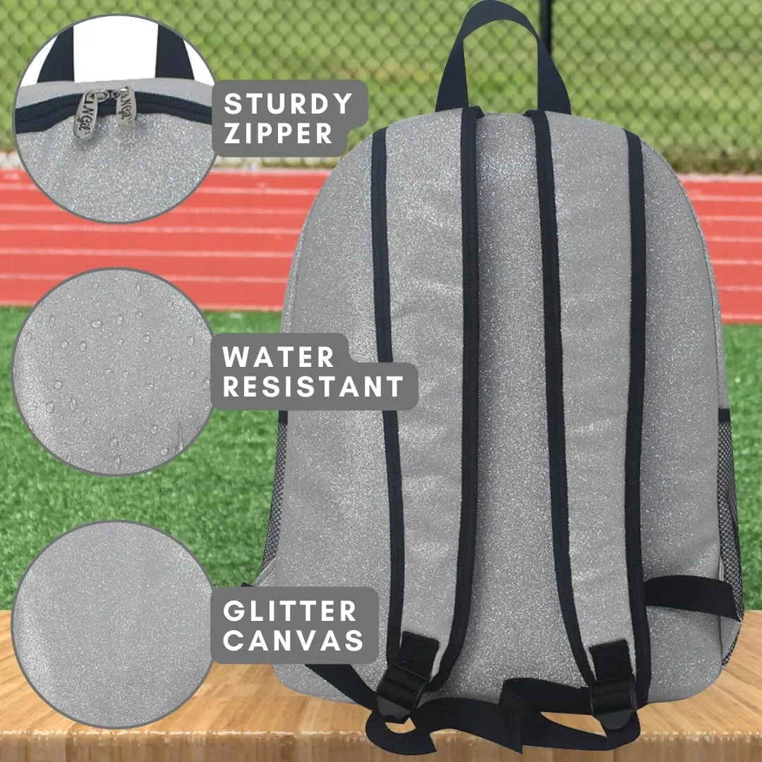 NGIL Large Glitter Cheer Backpack for Competitions, Dance, and Practice  Cheerleading Bag with Accessories Storage, Sparkle Bookbag for Cheerleaders, Coaches, and Competition Gear (Glitter-Silver)
