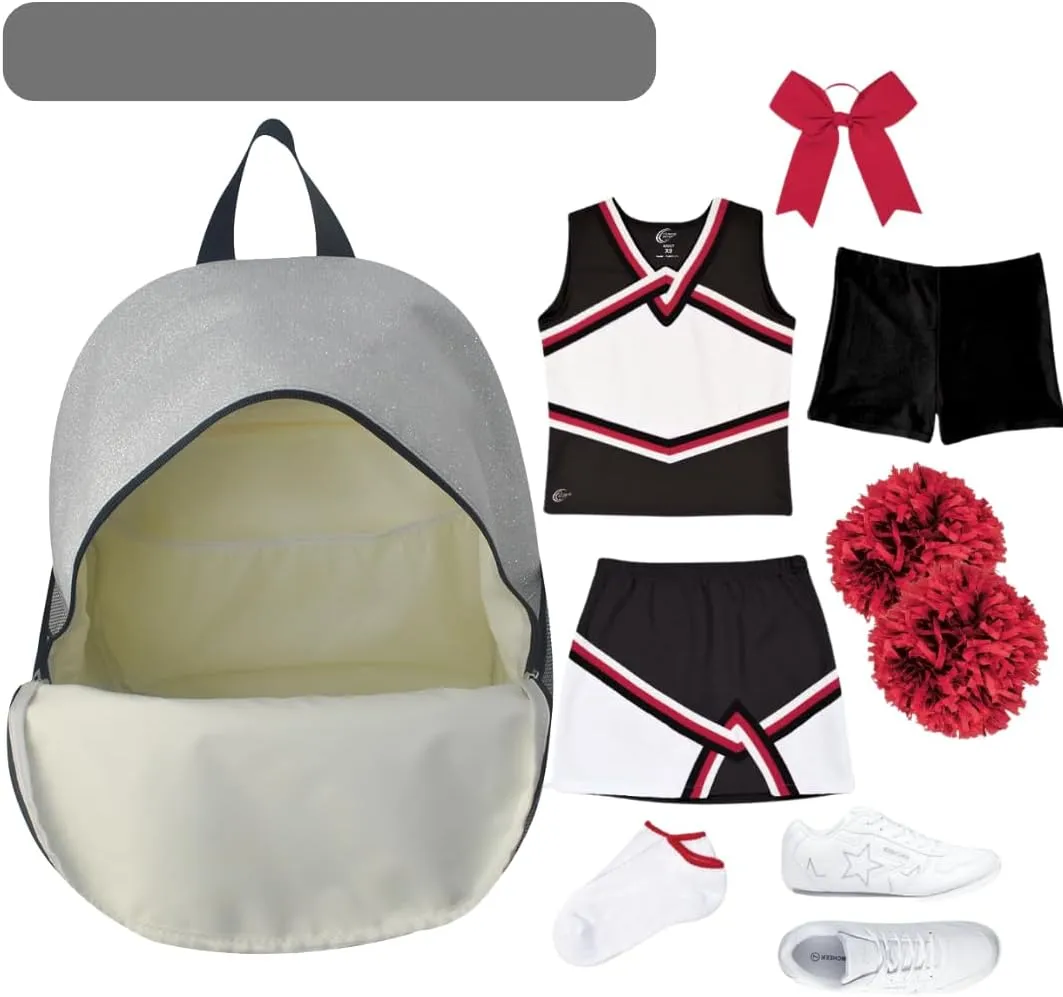 NGIL Large Glitter Cheer Backpack for Competitions, Dance, and Practice  Cheerleading Bag with Accessories Storage, Sparkle Bookbag for Cheerleaders, Coaches, and Competition Gear (Glitter-Silver)