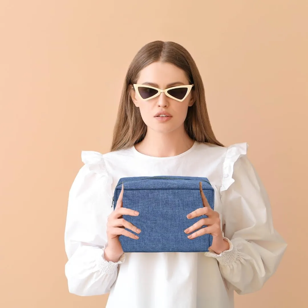 NGIL Makeup Bag for Women, Cute Cosmetic Bag, Lightweight Toiletry Make up Bag, Large Aesthetic Organizer Storage Pouch for Girls, Large Pouch, Toiletry Pouch (Crosshatch-Blue)