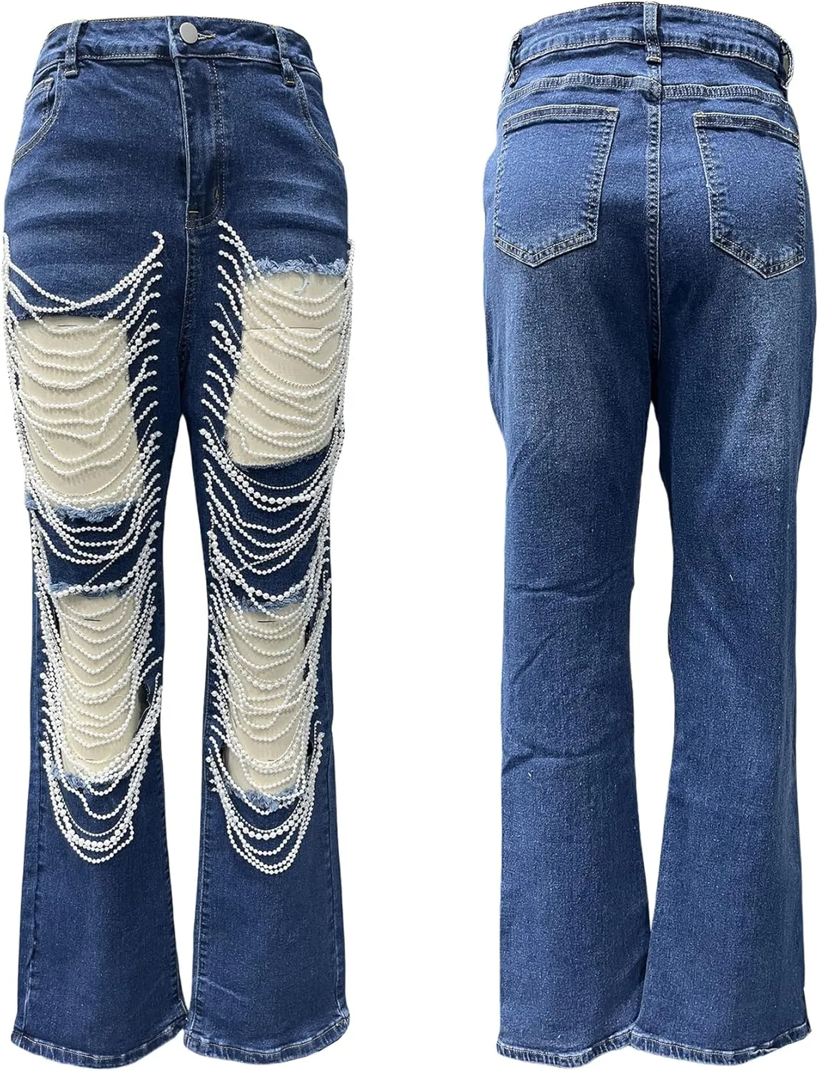 NRTHYE Womens High Waist Ripped Jeans Sexy Pearl Chains Rhinestones Straight Leg Stretch Distressed Denim Pants