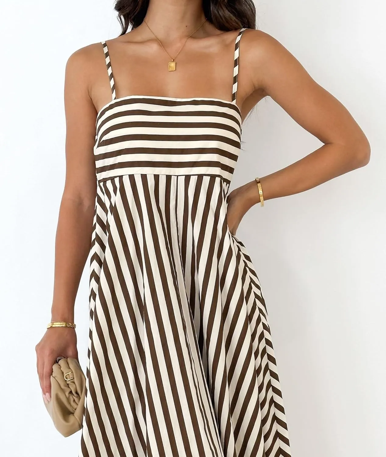 NUFIWI Women Summer Striped Maxi Dress Spaghetti Strap Backless Smocked Long Dress Boho Flowy A Line Beach Sundress