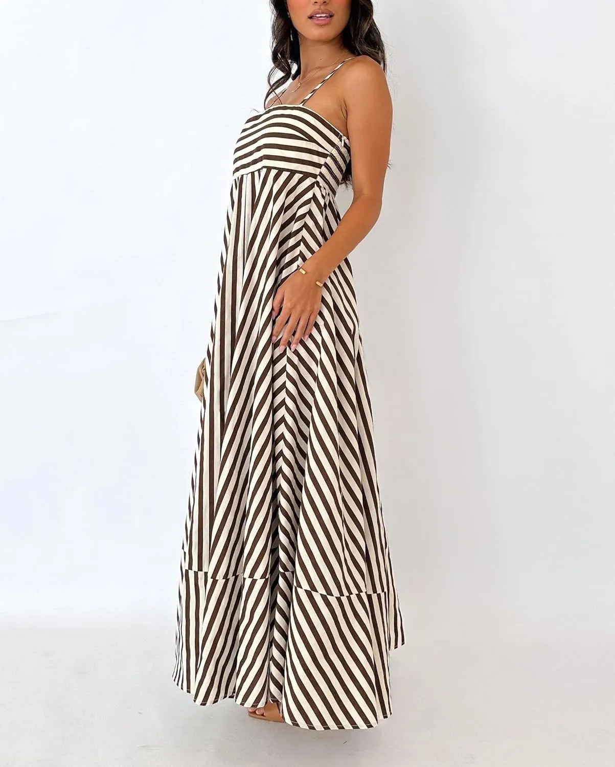 NUFIWI Women Summer Striped Maxi Dress Spaghetti Strap Backless Smocked Long Dress Boho Flowy A Line Beach Sundress