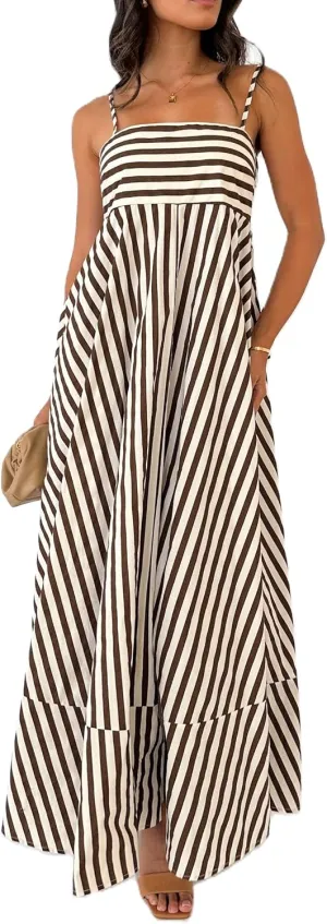 NUFIWI Women Summer Striped Maxi Dress Spaghetti Strap Backless Smocked Long Dress Boho Flowy A Line Beach Sundress