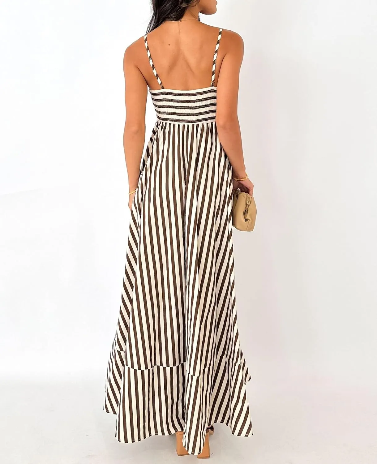 NUFIWI Women Summer Striped Maxi Dress Spaghetti Strap Backless Smocked Long Dress Boho Flowy A Line Beach Sundress