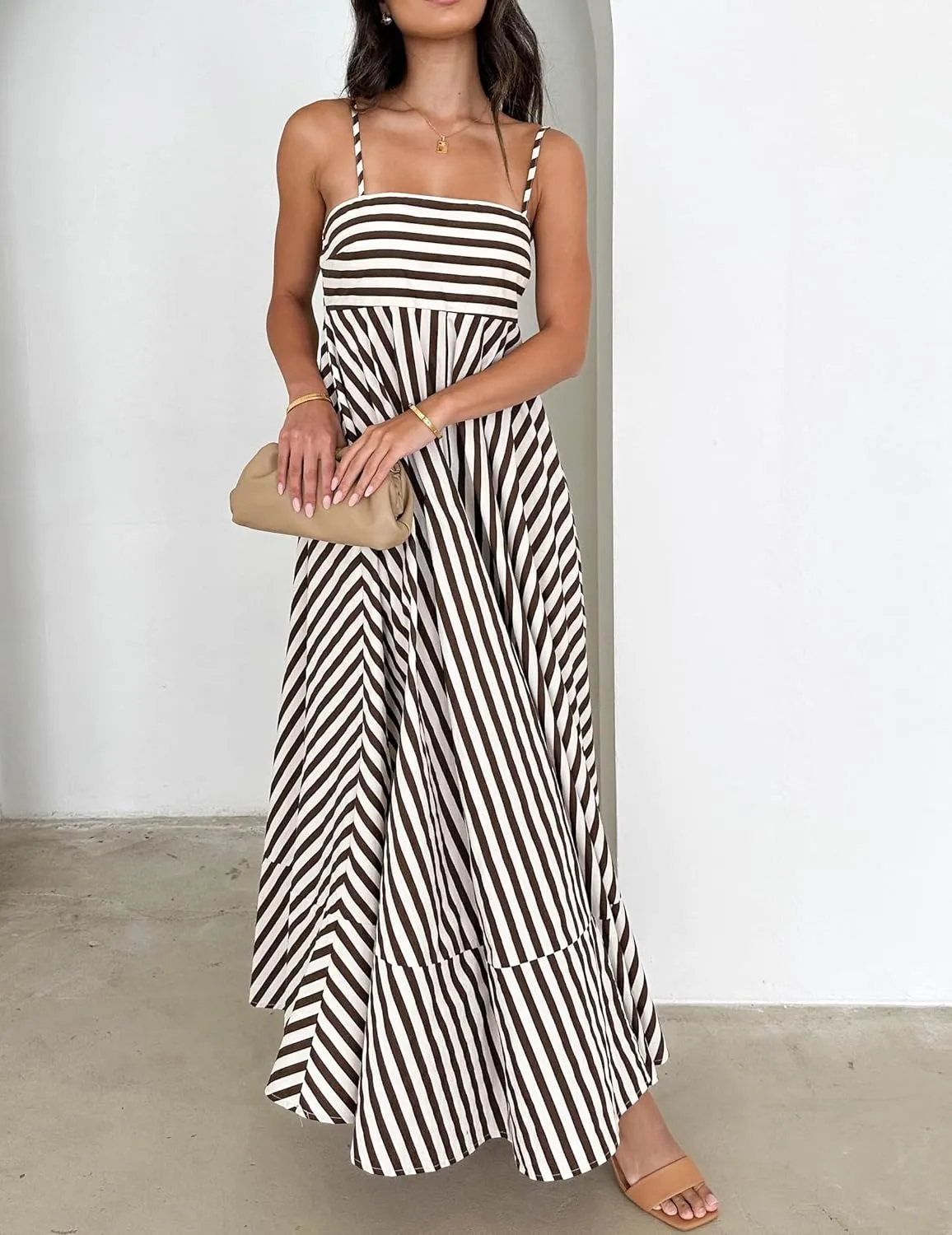 NUFIWI Women Summer Striped Maxi Dress Spaghetti Strap Backless Smocked Long Dress Boho Flowy A Line Beach Sundress