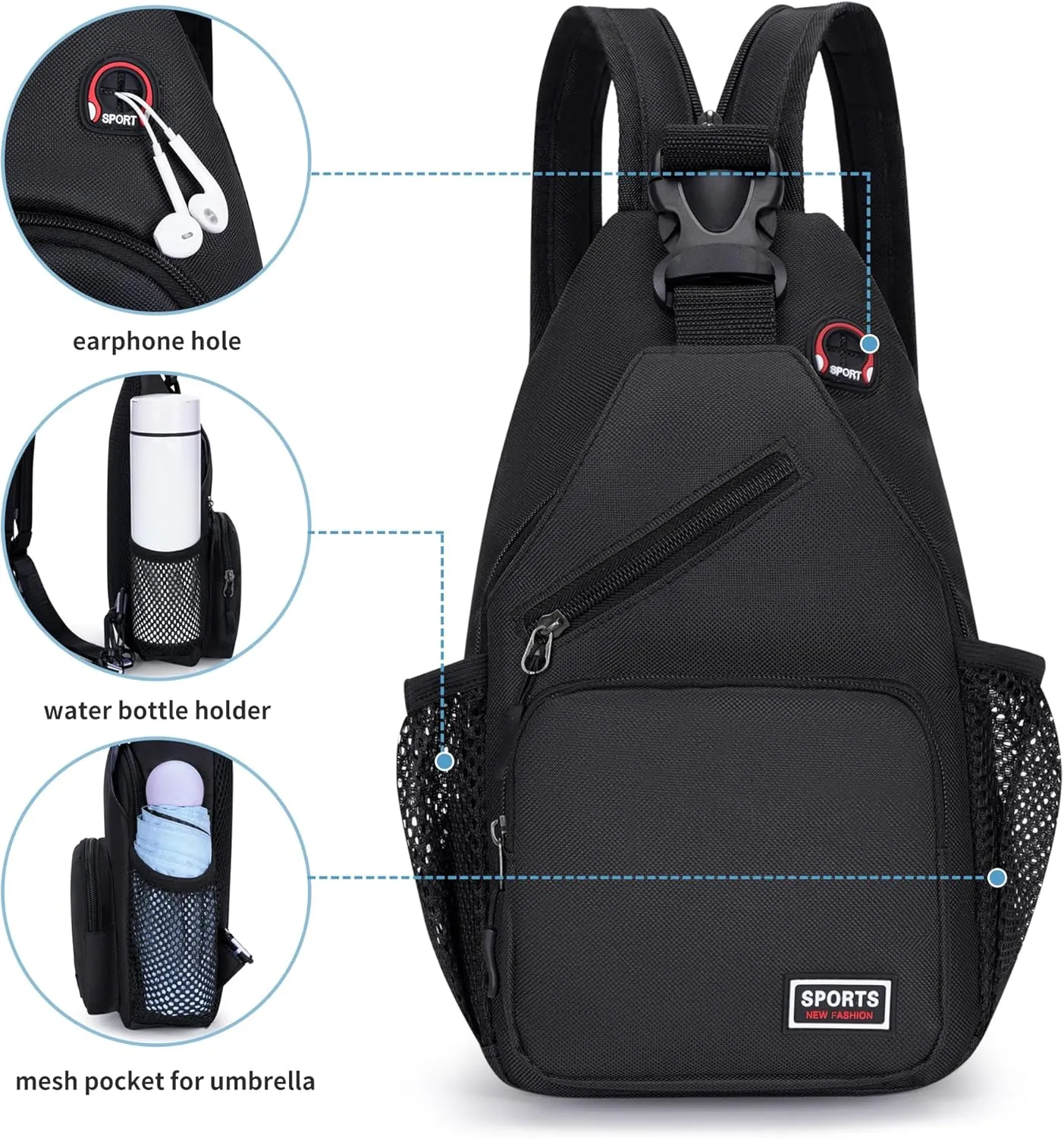 O-TBOST Crossbody Sling Bag Casual Chest Bag for Men Women Lightweight Durable Travel Hiking for Daily Use (black, Large)