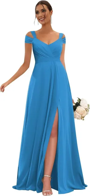 Off Shoulder Chiffon Bridesmaid Dresses for Women 2025 with Slit Long Ruched Wedding Guest Formal Prom Dress