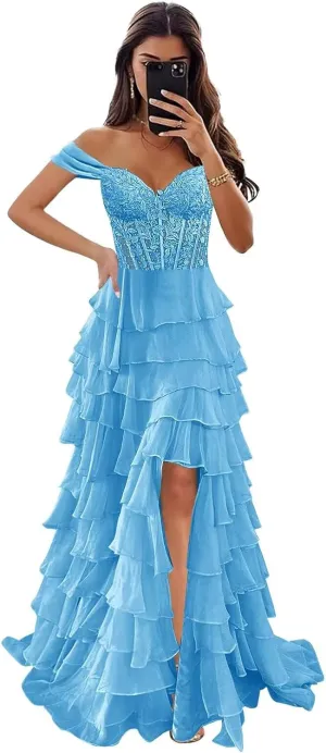 Off The Shoulder Prom Dresses Long Ball Gown with Slit Lace Appliques Tiered Chiffon Formal Evening Gown for Women