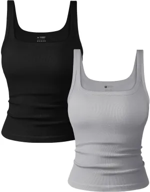 OLCHEE Womens 2PK Square Neck Tank Tops Seamless Ribbed Trendy Going Out Basic Shirts 2025 Summer Slim Fit Cami