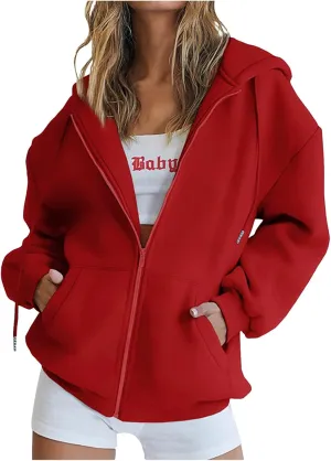 Oversized Zip Up Hoodies for Women Casual Drawstring Teen Girl Y2K Sweatshirts Long Sleeve Fall Jackets With Pockets