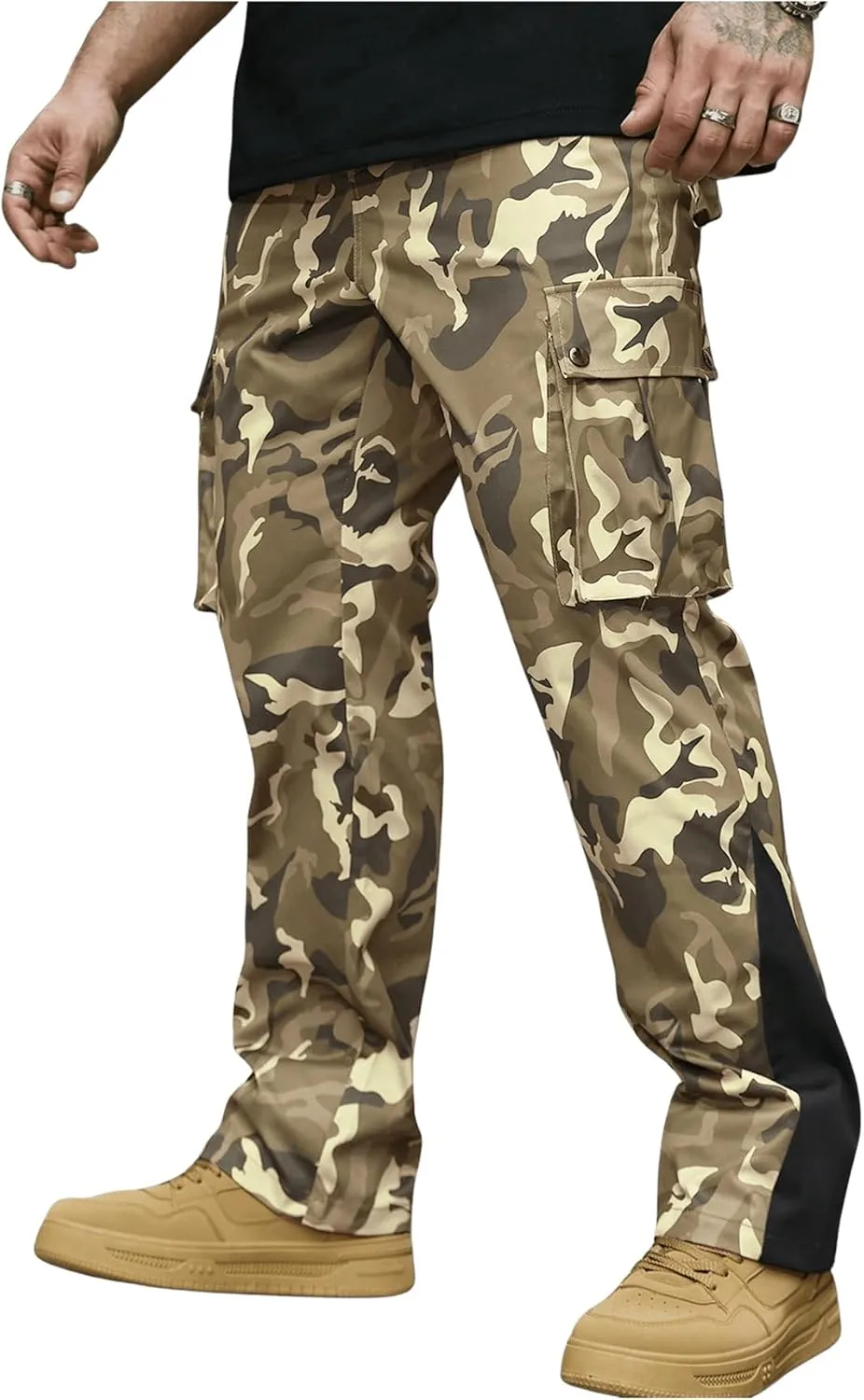 OYOANGLE Men's Camo Print Drawstring Waist Casual Baggy Cargo Pants Streetwear with Pocket