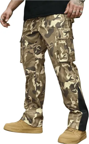 OYOANGLE Men's Camo Print Drawstring Waist Casual Baggy Cargo Pants Streetwear with Pocket