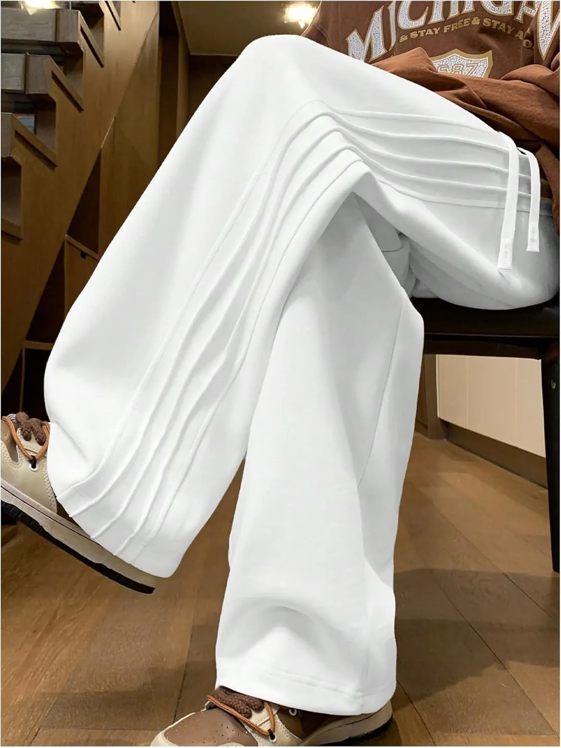 OYOANGLE Men's Textured Elastic Drawstring Waist Straight Leg Pants Casual Track Pants Sweatpants