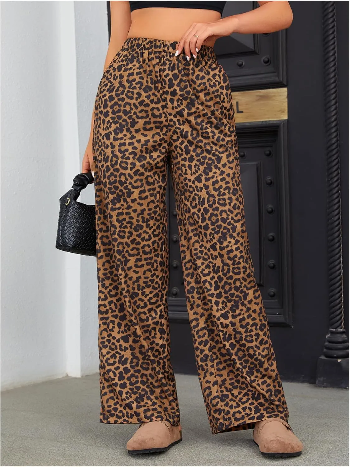 OYOANGLE Women's Leopard Print Elastic High Waist Long Pants Wide Leg Loose Trousers with Pockets