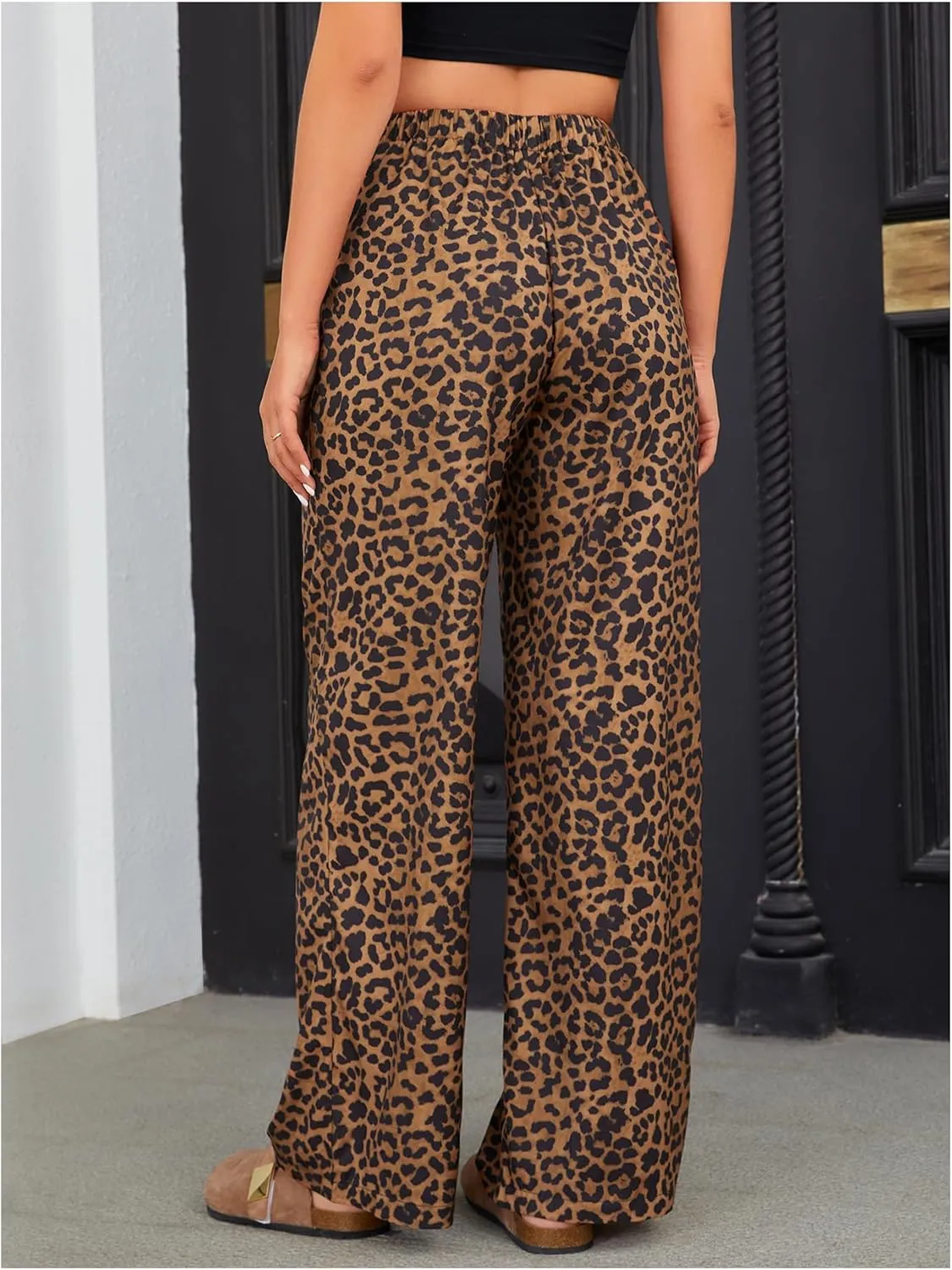 OYOANGLE Women's Leopard Print Elastic High Waist Long Pants Wide Leg Loose Trousers with Pockets