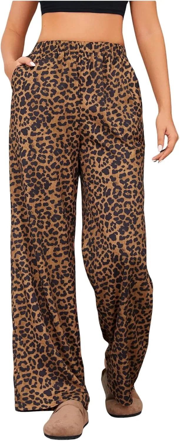 OYOANGLE Women's Leopard Print Elastic High Waist Long Pants Wide Leg Loose Trousers with Pockets