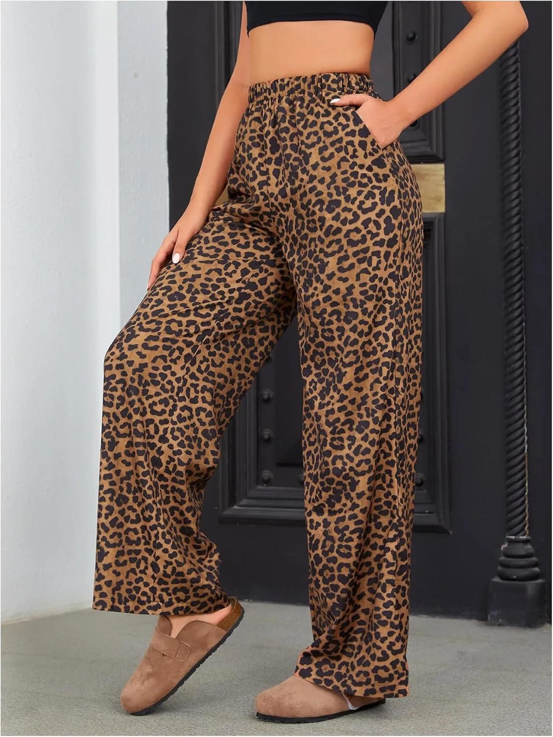 OYOANGLE Women's Leopard Print Elastic High Waist Long Pants Wide Leg Loose Trousers with Pockets