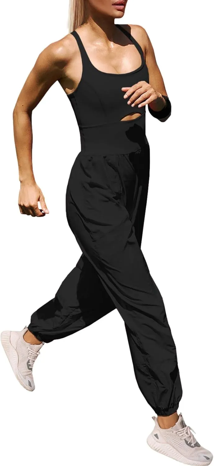 Panadila Womens Workout Onesie Athletic Romper One Piece Jumpsuits Backless Tops Hiking Pants with Pockets