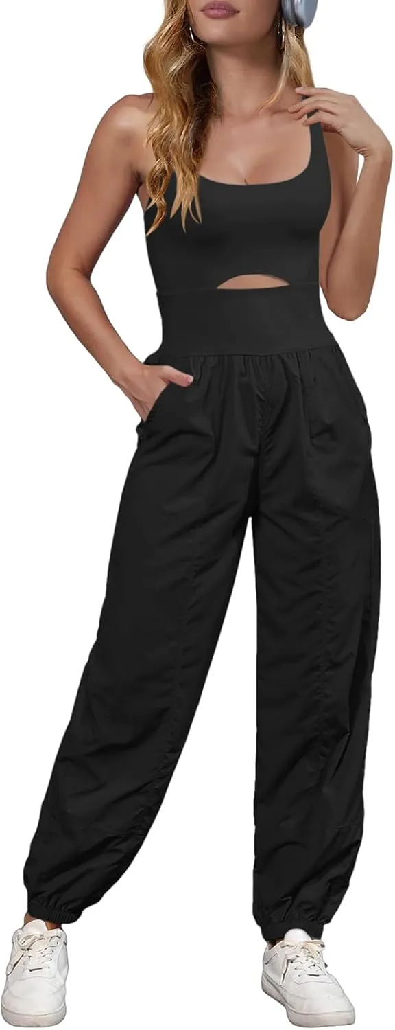 Panadila Womens Workout Onesie Athletic Romper One Piece Jumpsuits Backless Tops Hiking Pants with Pockets