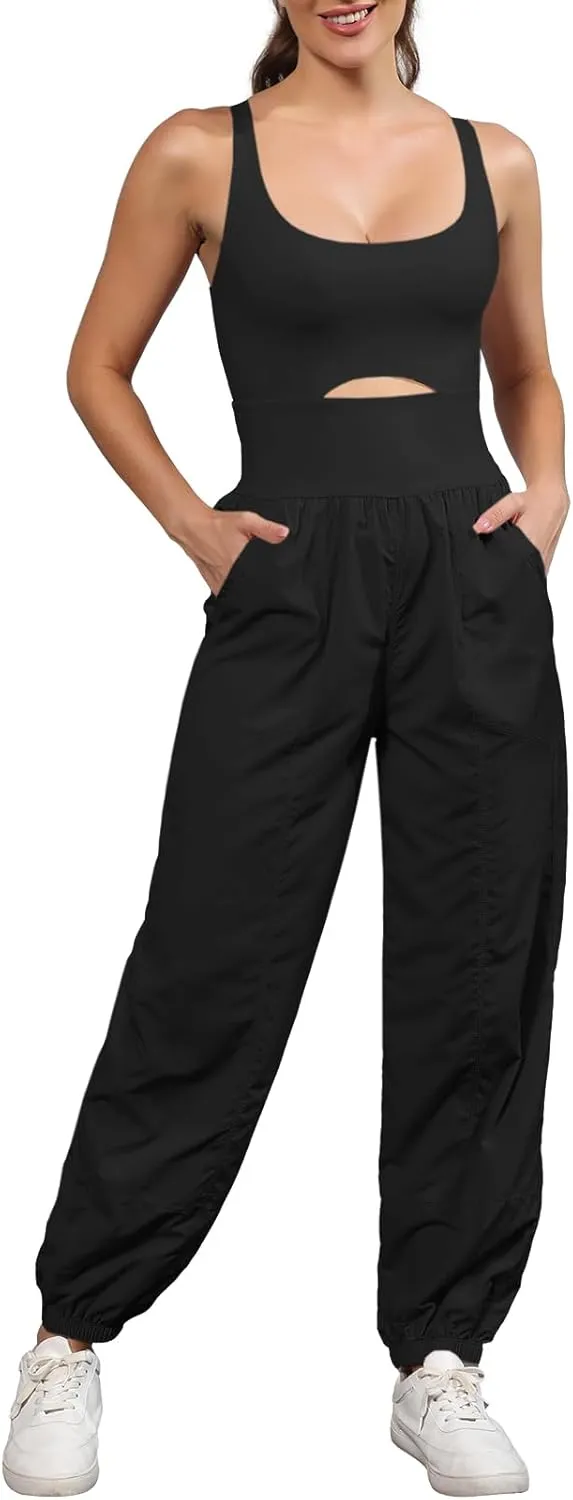 Panadila Womens Workout Onesie Athletic Romper One Piece Jumpsuits Backless Tops Hiking Pants with Pockets