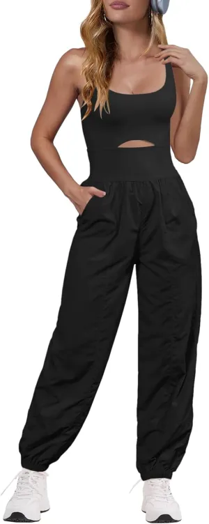 Panadila Womens Workout Onesie Athletic Romper One Piece Jumpsuits Backless Tops Hiking Pants with Pockets