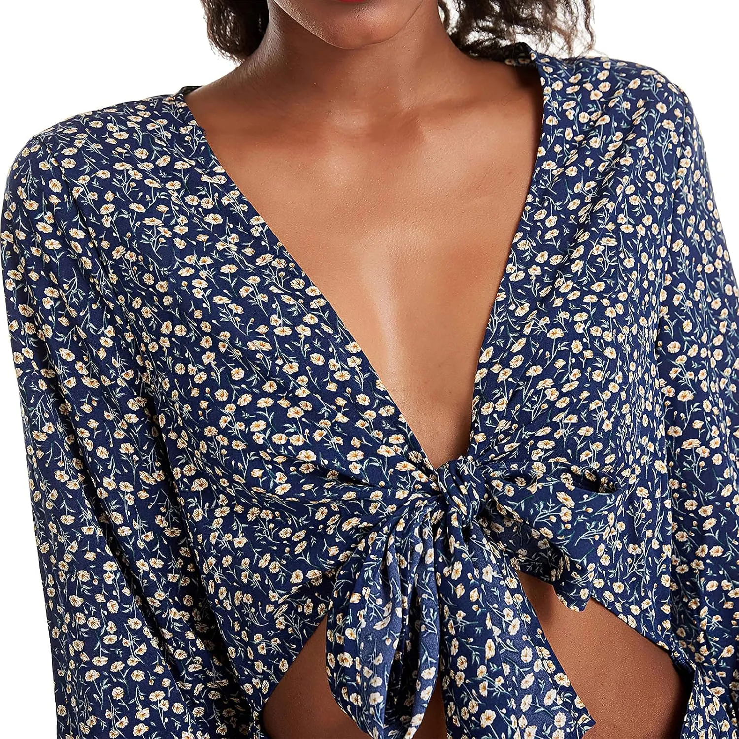 Pantete Womens Summer Floral Short Dress Casual 3/4 Sleeve Tie Dress Ruffle Mini Dress V Neck