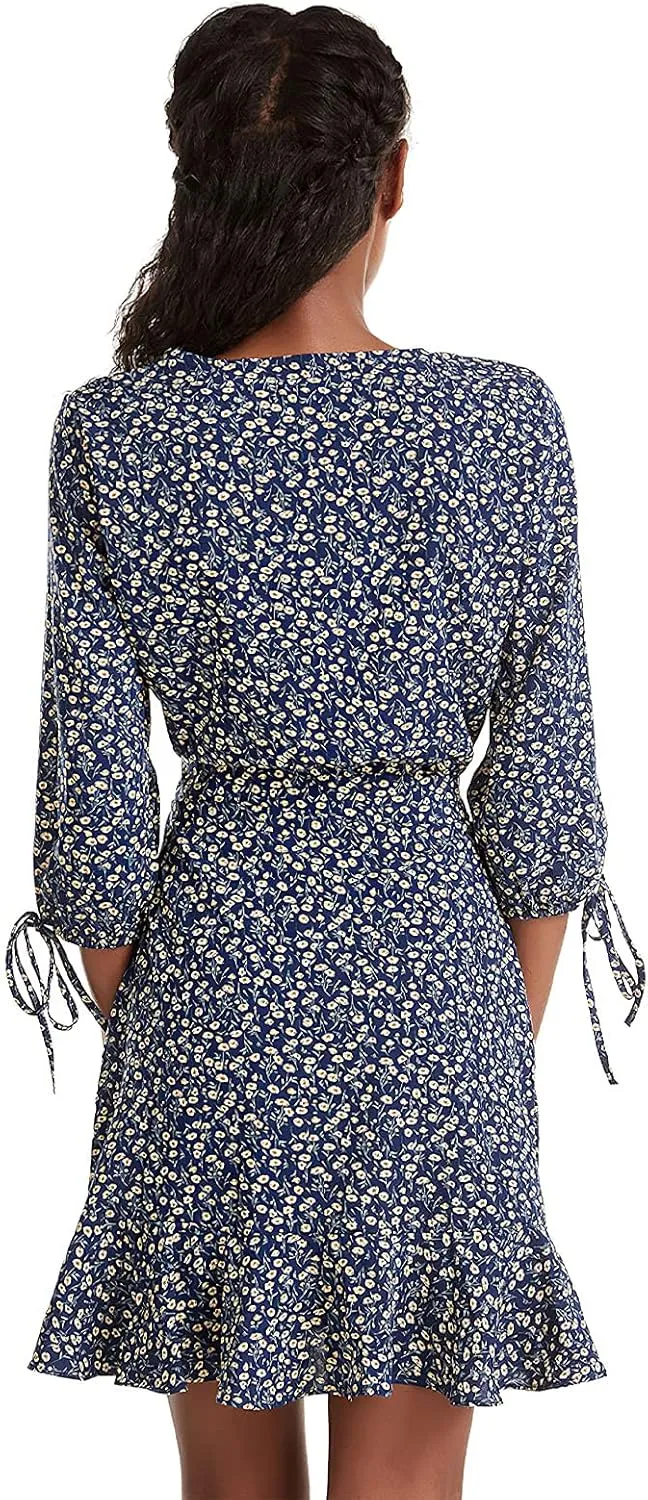 Pantete Womens Summer Floral Short Dress Casual 3/4 Sleeve Tie Dress Ruffle Mini Dress V Neck