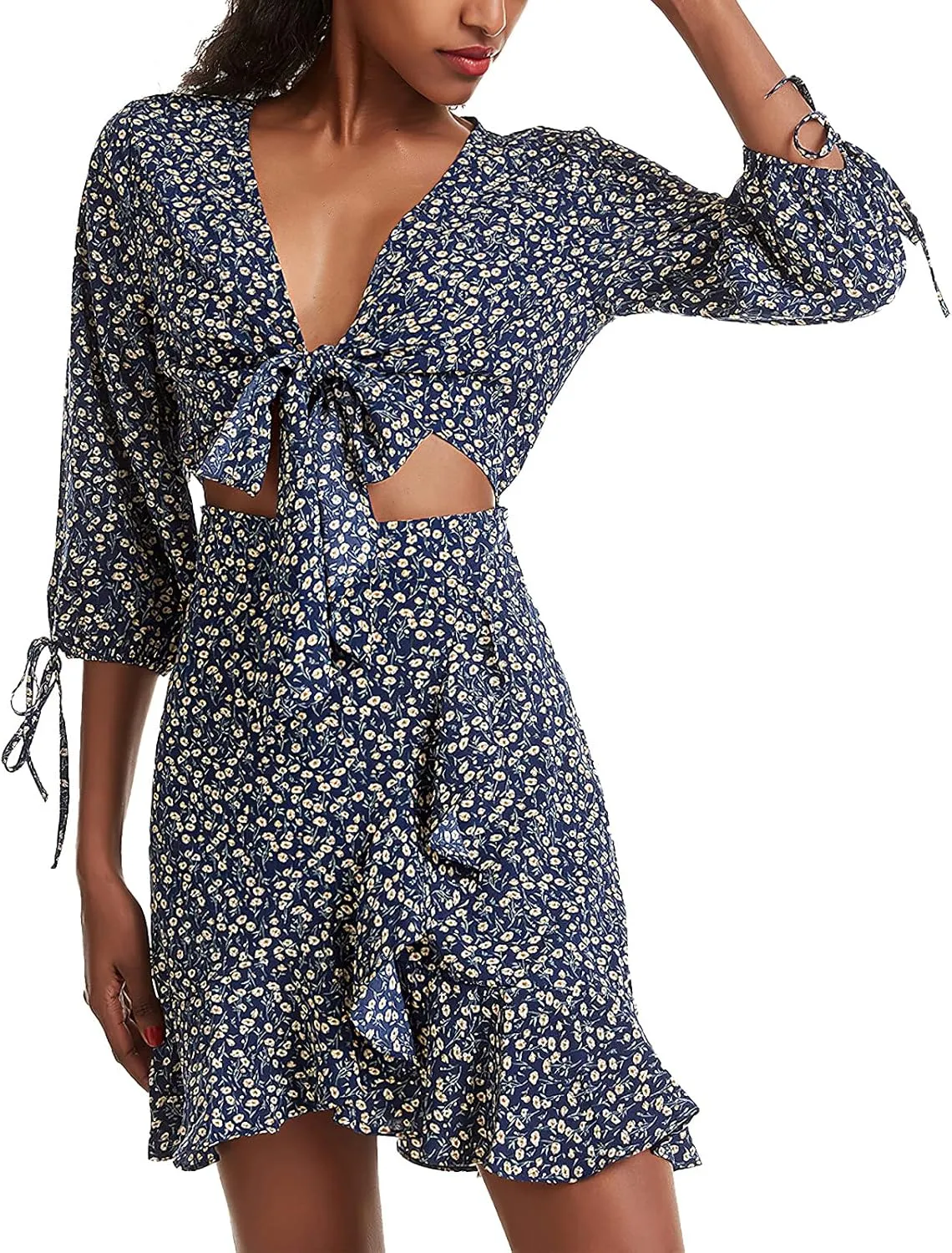 Pantete Womens Summer Floral Short Dress Casual 3/4 Sleeve Tie Dress Ruffle Mini Dress V Neck